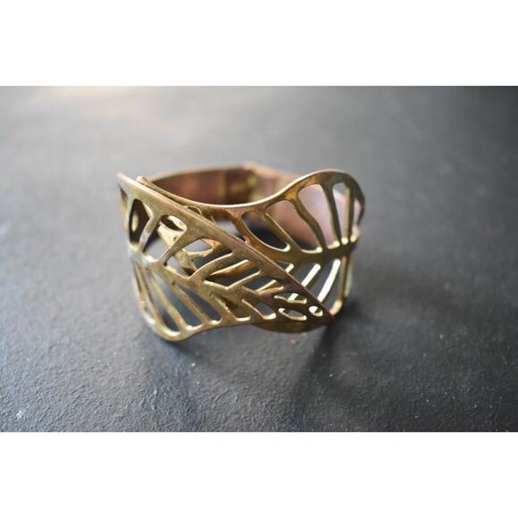 Vintage Brass Leaf Bracelet | Expandable Artisan Statement (7" expandable) - Picture 8 of 10